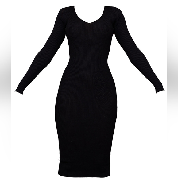Black V Neck Knit Midi Dress - Picture 1 of 4